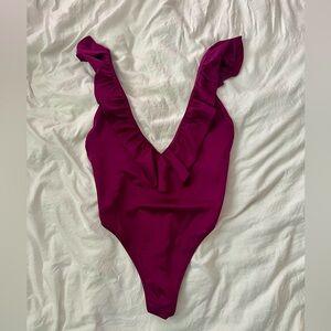 Deep V Swimsuit w ruffles PINK